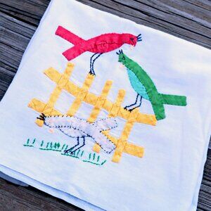 Vintage Bias Tape Bird Tea Towel, Handmade, 1940s Home Crafts, Fence Scene